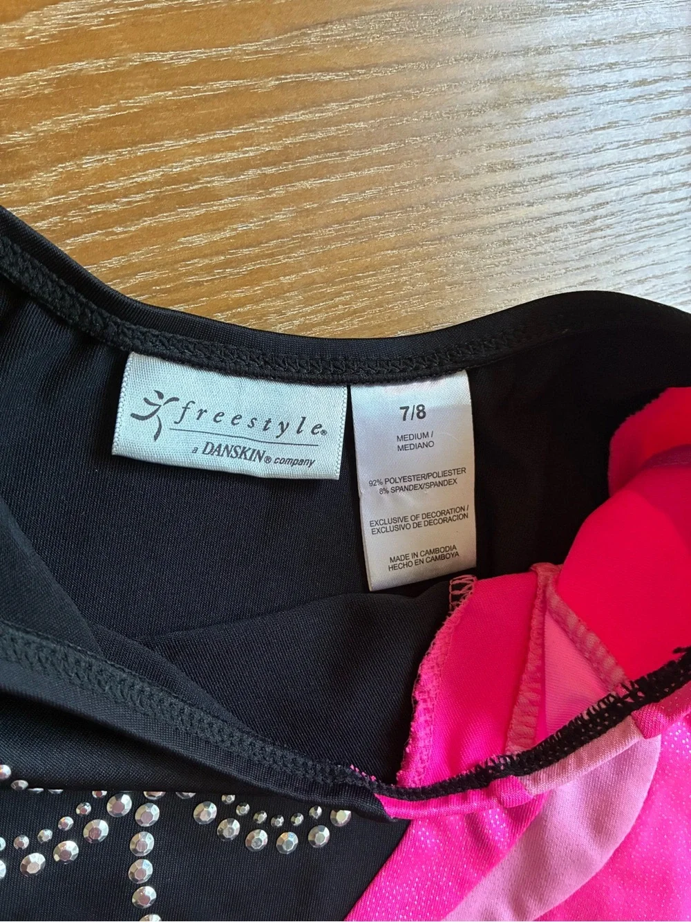 Danskin freestyle Black and Hot Pink Gymnastics Leotard Rhinestones shimmer 7/8